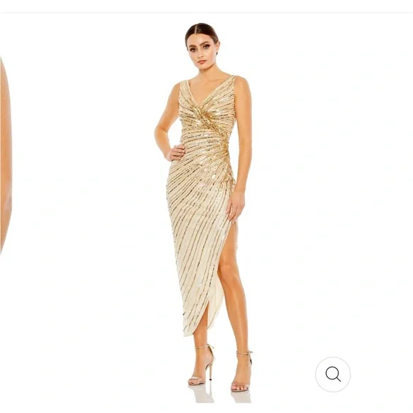 MAC DUGGAL SZ 10 SEQUENCED FAUX WRAP MIDI DRESS. YELLOW/GOLD/NUDE NWT - Picture 1 of 6